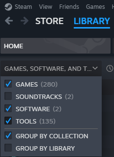 Steam library with Tools turned on